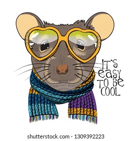 Vector mouse with knitted scarf and yellow glasses. Hand drawn illustration of dressed rat.  