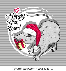 Vector mouse - santa claus in a red cap  . Hand drawn illustration of dressed mouse with presents. Happy New Year. 
