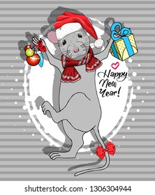 Vector mouse - santa claus in a red cap  and red scarf. Hand drawn illustration of dressed mouse with presents and christmas balls.