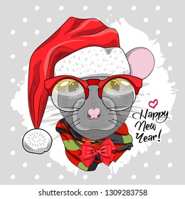 Vector mouse - santa claus in a red cap.   Hand drawn illustration of dressed rat with glasses. Happy New Year. 
