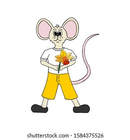 Vector mouse in yellow pants with big narcissus flower in his hand. Spring illustration. 