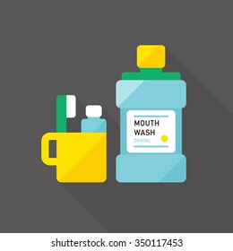 Vector Mouthwash, Toothbrush And Cup / Flat Style Icon / On Grey