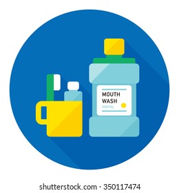 Vector Mouthwash, Toothbrush And Cup / Flat Style Icon / On Blue