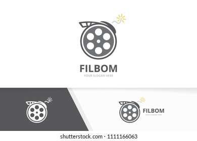 Vector movie and bomb logo combination. Cinema and detonate symbol or icon. Unique film and weapon logotype design template.