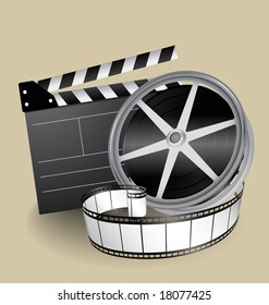 vector movie equipment - film strip, clapper and film roller