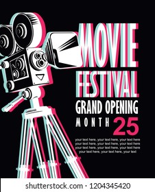 Vector movie festival poster with blurred image of old-fashioned movie camera. Cinema banner with words Grand opening and place for text. Can be used for poster, flyer, billboard, web page, background