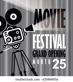 Vector movie festival poster with old fashioned movie camera. Cinema background with words grand opening. Can used for banner, poster, web page, background