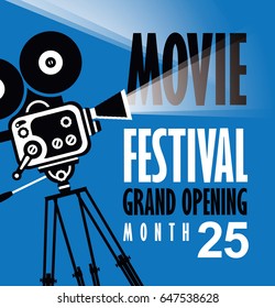 Vector movie festival poster with old fashioned movie camera. Cinema background with words grand opening. Can used for banner, poster, web page, background