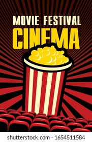 Vector movie festival poster with popcorn bucket on the red background with rays. Cinema snack. Cinema banner with inscription and red seats. Can be used for banner, poster, web page, background