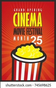 Vector movie festival poster with popcorn bucket on the red background with rays. Cinema snack. Cinema banner with words grand opening. Can used for banner, poster, web page, background