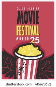 Vector movie festival poster with popcorn bucket with wings in grunge style. Cinema snack. Cinema banner with words grand opening. Can used for banner, poster, web page, background