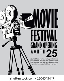 Vector movie festival poster with retro movie camera. Cinema banner with words Grand opening and place for text on grey background. Can be used for poster, flyer, billboard, web page, background