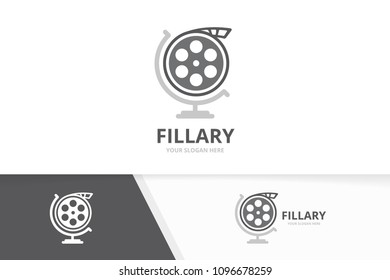 Vector movie and globe logo combination. Cinema and planet symbol or icon. Unique film logotype design template.