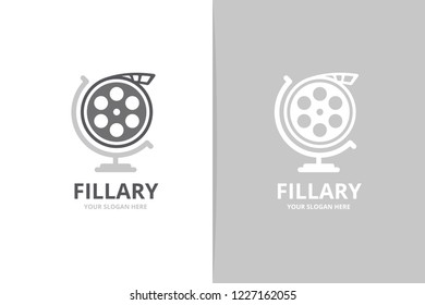 Vector movie and globe logo combination. Cinema and planet symbol or icon. Unique film logotype design template.