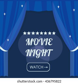 Vector movie night background with cinema Curtains and projector lights. Movie background with text place. Can used for banner, poster, web page, background