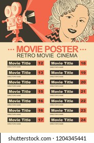 Vector Movie Poster With A List Of Films, With An Old Video Projector And A Girl's Face. Retro Movie Cinema. Can Be Used For Flyer, Banner, Poster, Web Page, Background