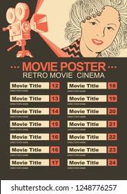 Vector movie poster with a list of films, with an old video projector and a girl's face. Retro movie cinema. Can be used for flyer, banner, ticket, web page, background