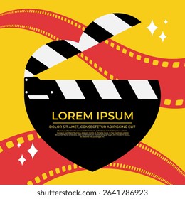 Vector movie premiere template background with heart shaped clapperboard and film strip. Bright retro style background for movie poster