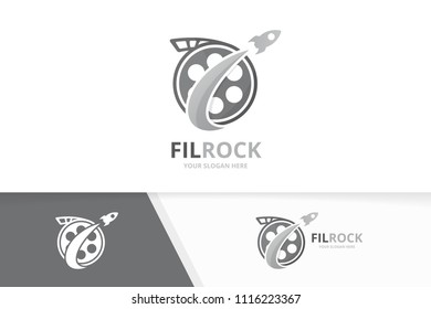 Vector movie and rocket logo combination. Cinema and airplane symbol or icon. Unique film and flight logotype design template.