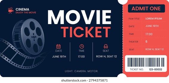 Vector movie ticket template featuring a film reel, movie strip, barcode and cinema admission pass layout. Professional entertainment design for film screenings, movie premieres, theaters, multiplex cinemas, ticket booking services and promotional campaigns. Editable voucher template suitable for cinema marketing, event invitations, advertising materials, posters, passes and digital media projects.