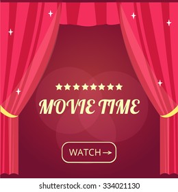 
Vector movie time background with cinema Red Curtains and projector lights. Movie background with text place. Can used for banner, poster, web page, background 