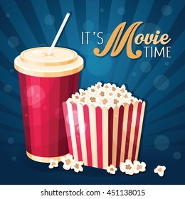 Vector movie time illustration with popcorn box and cola on the blue stripy background