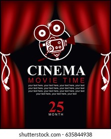 Vector movie time poster with cinema Red Curtains and projector lights. Movie background with text place. Can used for banner, poster, web page, background