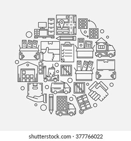 Vector moving linear illustration - round moving services symbol made with thin line delivery and transportation signs