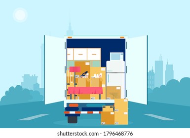 Vector de un camión en movimiento con cajas de cartón y muebles en el interior sobre el fondo del paisaje urbano 
