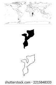 Vector Mozambique map, map of Mozambique showing country location on world with solid and outline maps for Mozambique on white background. File is suitable for digital editing and prints of all sizes.