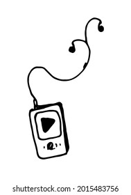 Vector mp3 player with headphones. hand-drawn doodle-style music player with playback and wired headphones, isolated black outline on a white background for a design template