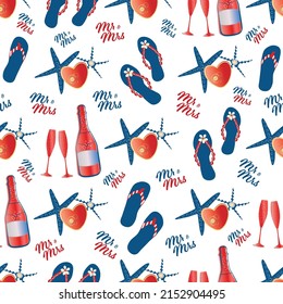 Vector Mr and Mrs typography, flip flop shoes, starfish, hearts, shells champagne glasses. Red, white, blue beach wedding seamless pattern background.Fizzy bubbly celebration Americana all over print