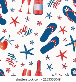 Vector Mr and Mrs typography, flip flop shoes, starfish, hearts, shells champagne glasses. Red, white, blue beach wedding seamless pattern background.Fizzy bubbly celebration Americana all over print