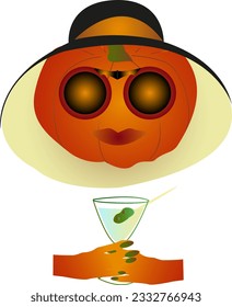 Vector Mrs Pumpkin character with sunglasses and drink - Halloween party. Madam Pumpkin is vacationing. Sunglasses, wide brim hat and drink.