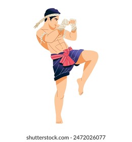 Vector Muay Thai Fighter Pateando ilustración de dibujos animados aislado