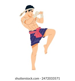 Vector Muay Thai Fighter Kicking Cartoon Illustration Isolated