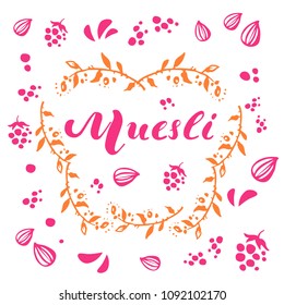 Vector muesli lettering pink logo design in orange frame of twigs with seeds and berries on white background