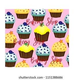 Vector muffin or cake with cream and cherry. Colored flat illustration isolated on white background with vintage inscription