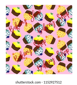 Vector muffin or cake with cream and cherry. Colored flat illustration isolated on white background with vintage inscription
