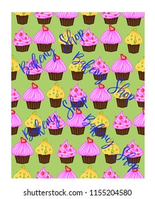 Vector muffin or cake with cream and cherry. Colored flat illustration isolated on white background with vintage inscription