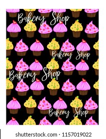 Vector muffin or cake with cream and cherry. Colored flat illustration with vintage inscription