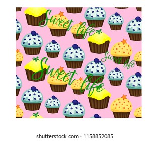 Vector muffin or cake with cream and cherry. Colored flat illustration isolated on white background with vintage inscription