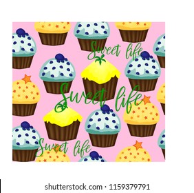 Vector muffin or cake with cream and cherry. Colored flat illustration isolated on white background with vintage inscription