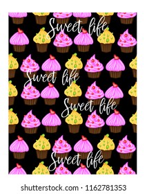 Vector muffin or cake with cream and cherry. Colored flat illustration isolated on white background with vintage inscription