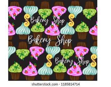 Vector muffin or cake with cream and cherry. Colored flat illustration isolated on white background with vintage inscription