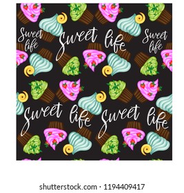 Vector muffin or cake with cream and cherry. Colored flat illustration isolated on white background with vintage inscription
