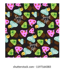 Vector muffin or cake with cream and cherry. Colored flat illustration isolated on white background with vintage inscription