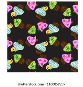 Vector muffin or cake with cream . Colored flat illustration isolated on white background with vintage inscription