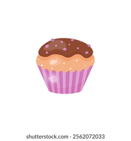 Vector muffin with chocolate glaze and sprinkles. Graphic design vector illustration. Sweet dessert illustration. Valentine's Day Element. Stock isolated clipart on a white background.

