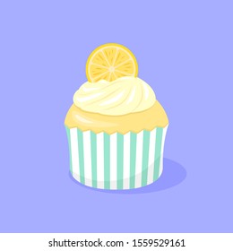 Vector muffin with cream and lemon. Isolated on a blue background. Vector illustration. Bakery. Celebration cupcake.